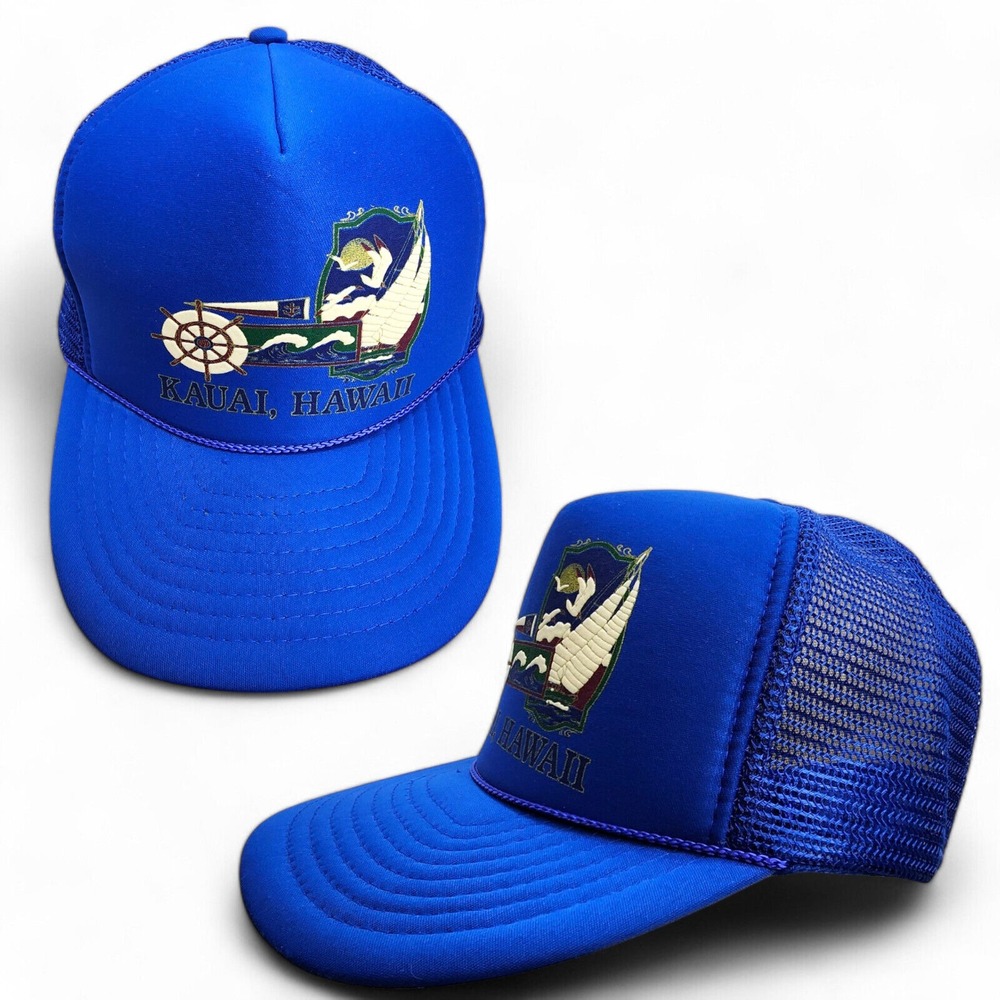 Vintage Nissun Kauai Hawaii Trucker Hat Adult Snapback‎ Blue Foam Mesh Rope Cap